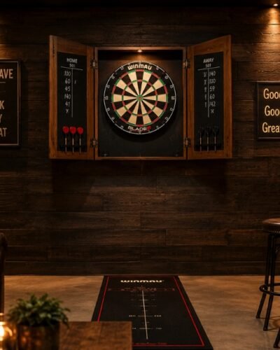 Man cave dartboard setup in a wood-paneled game room