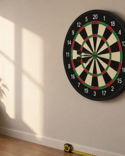 dartboard mounted on wall with tape measure showing regulation height