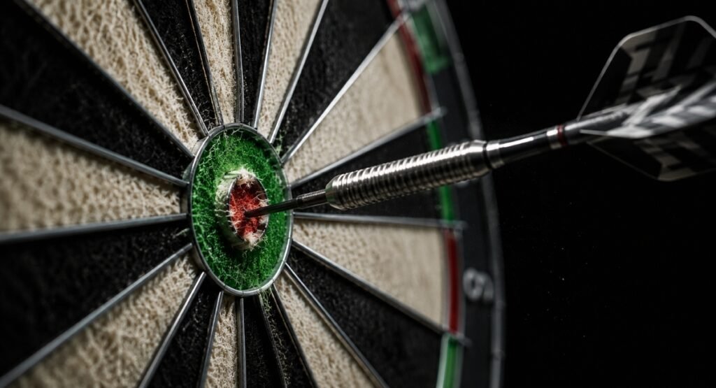 Dart hitting sisal dartboard close-up impact shot

