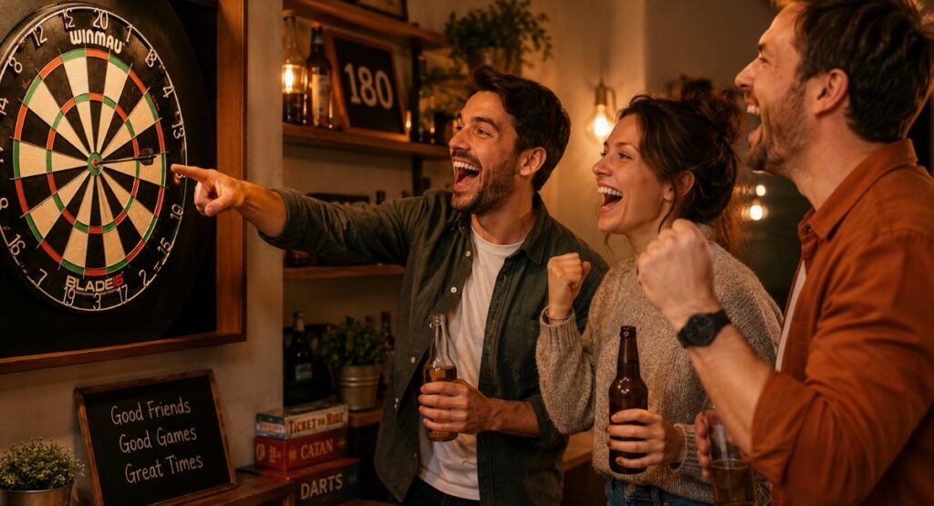 Friends celebrating bullseye on dartboard at home game room
