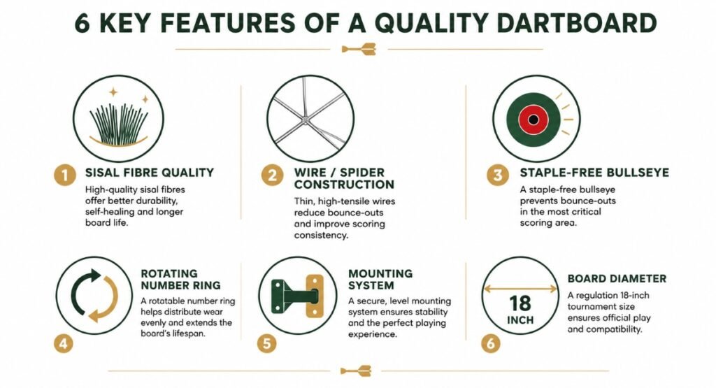 Six key features to look for in the best dartboard for home use infographic
