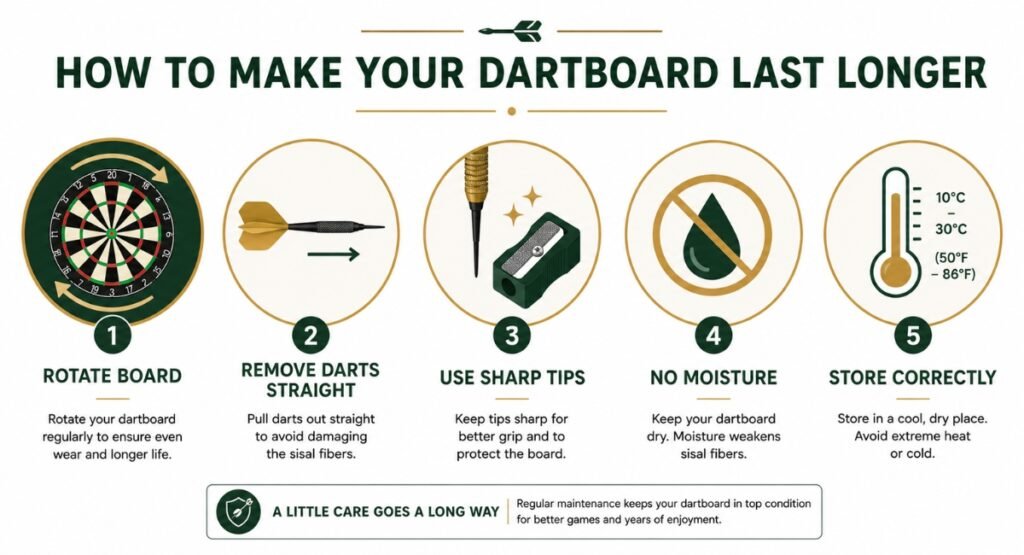 Dartboard maintenance tips infographic for longer board lifespan
