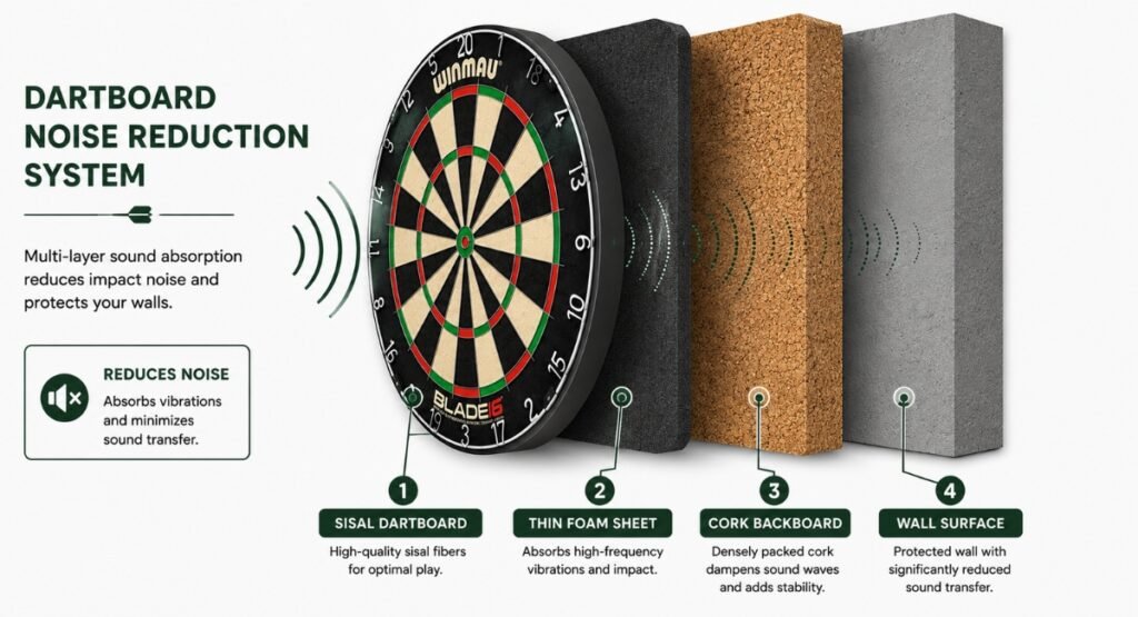 Dartboard noise reduction setup showing cork and foam backboard layers

