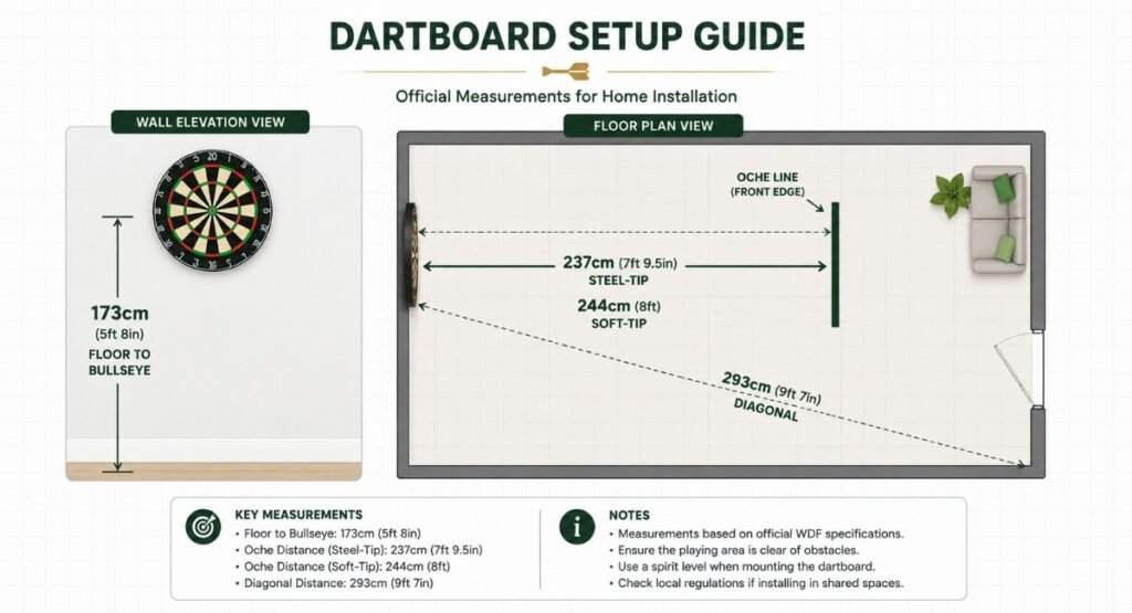 Dartboard setup diagram showing official height 173cm and throwing distance 237cm
