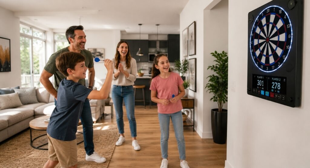 Family playing electronic dartboard at home with soft tip darts
