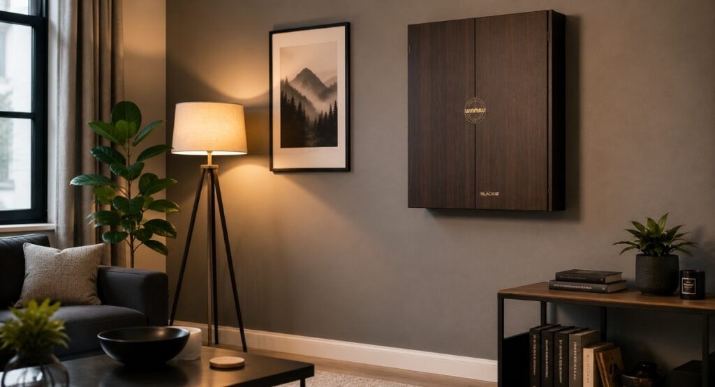 Dartboard cabinet in modern living room home setup
